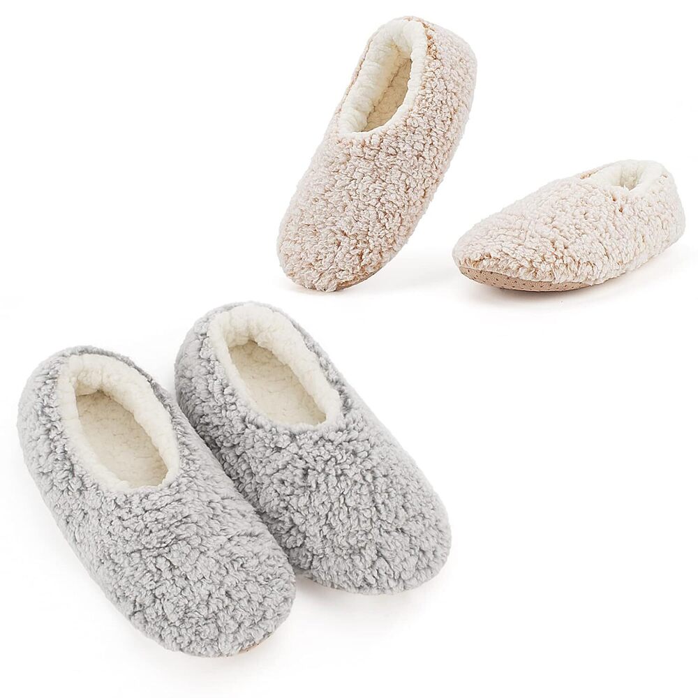 2-pair Women's Soft Sole Slipper Socks with Grippers, Thick Warm Cozy